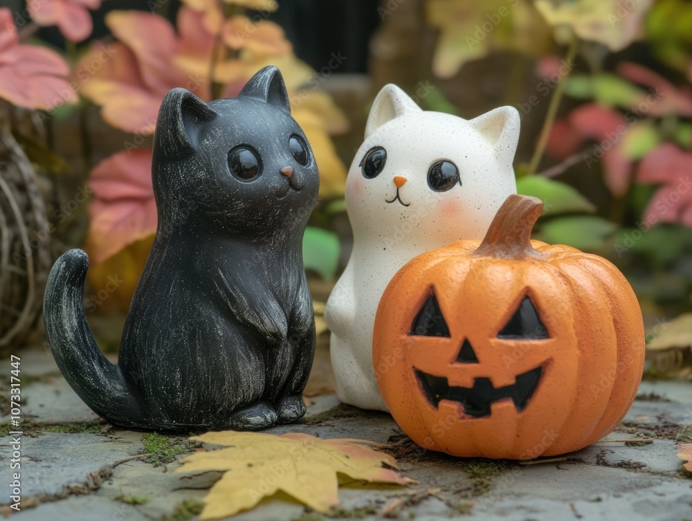 Adorable Halloween Cat Figurines with Pumpkin Adorable Halloween Cat Figurines with Pumpkin