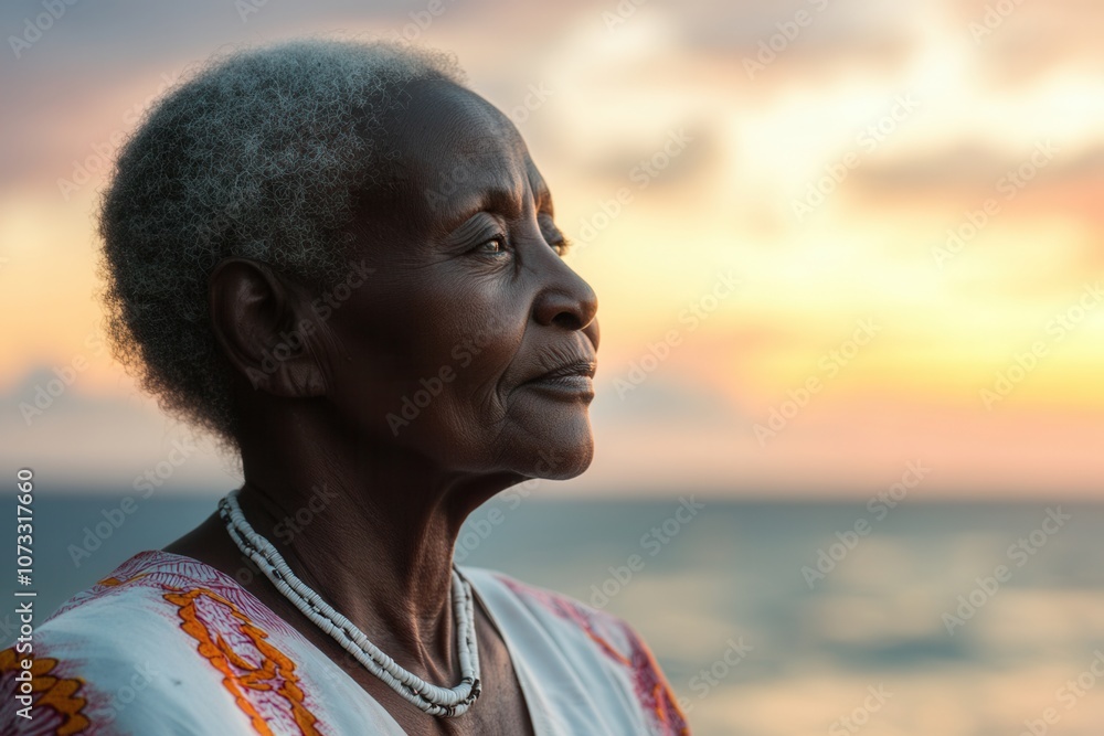 A 65 year old African grandmother stands peacefully by the ocean as dawn light bathes the horizon. Her serene expression reflects a deep sense of tranquility amidst the minimalist coastal backdrop. A 65 year old African grandmother stands peacefully by the ocean as dawn light bathes the horizon. Her serene expression reflects a deep sense of tranquility amidst the minimalist coastal backdrop.
