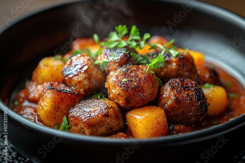 A black ceramic bowl showcases a generous serving of spiced meatballs nestled in rich tomato sauce. The dish is garnished with fresh herbs, highlighting its comforting and flavorful appeal, perfect fo