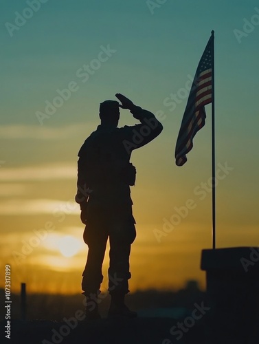 Obraz na płótnie Honoring Service: Soldier Salutes at Sunset w salonie