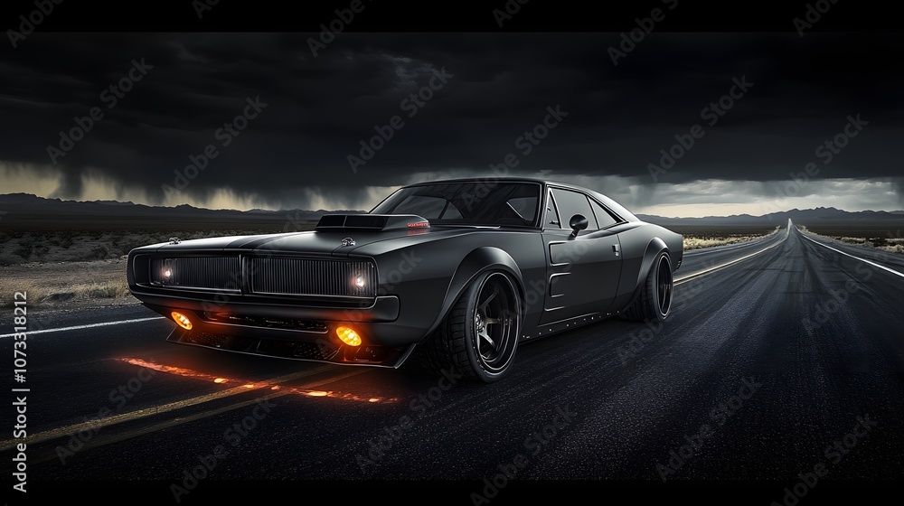 9. A muscle car in matte black with glowing neon underlights and aggressive front grilles, cruising down a deserted highway at night, surrounded by an empty desert landscape 9. A muscle car in matte black with glowing neon underlights and aggressive front grilles, cruising down a deserted highway at night, surrounded by an empty desert landscape