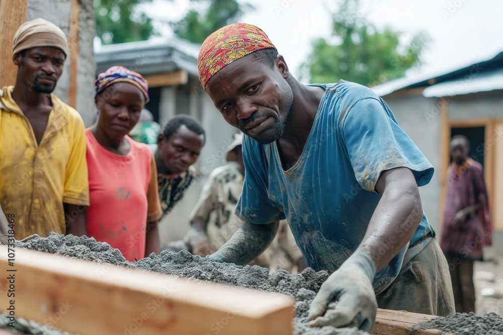 A group of people building a house together, showcasing the right to adequate housing A group of people building a house together, showcasing the right to adequate housing