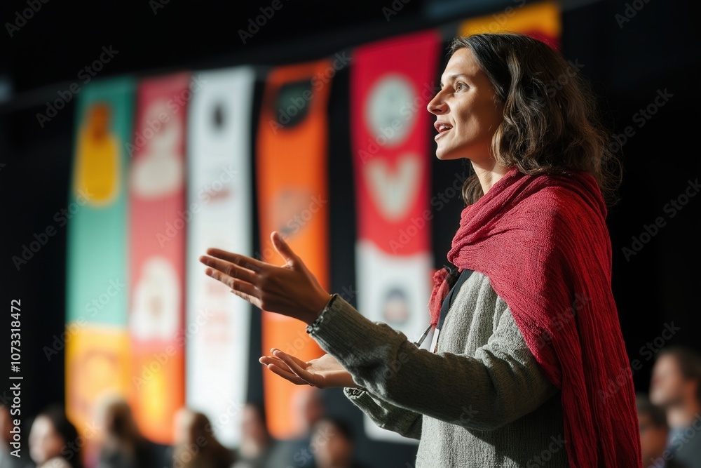 A female leader addressing a crowd at an international human rights summit, with flags from various countries in the background A female leader addressing a crowd at an international human rights summit, with flags from various countries in the background