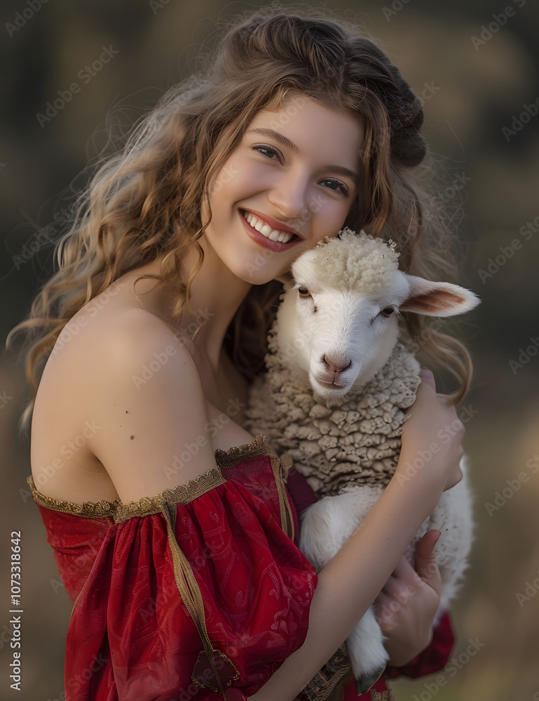 A smiling, beautiful young woman with wavy hair in a red medieval dress, holding a cute white lamb in her arms, looking at the camera, Generative AI A smiling, beautiful young woman with wavy hair in a red medieval dress, holding a cute white lamb in her arms, looking at the camera, Generative AI