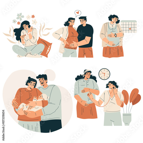Pregnancy Planning with Young Man and Woman Engaged in Prenatal Care Vector Set