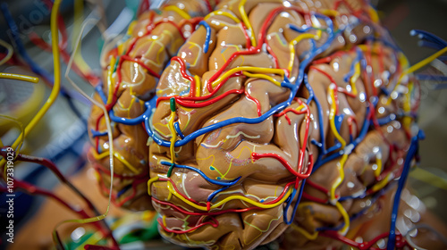 Close-up of a human brain model with vibrant, multicolored wires connecting various regions, illustrating neural connections, cognitive science, and the complexity of the human mind, ideal for concept