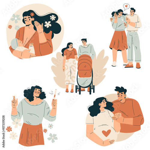 Pregnancy Planning with Young Man and Woman Engaged in Prenatal Care Vector Set