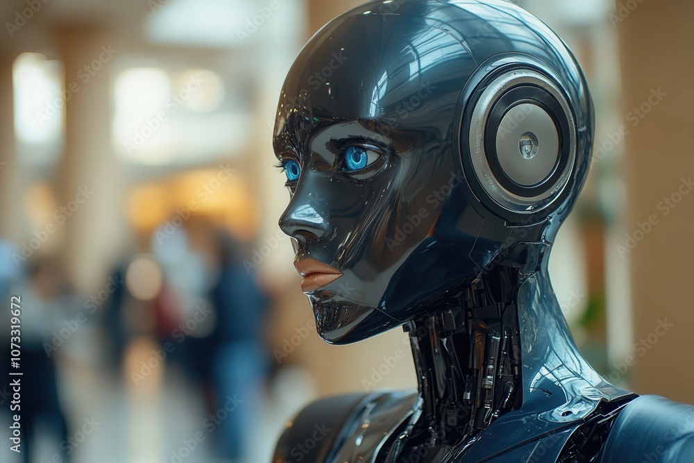 A robot assistant stands in the foreground with a neutral expression while a blurred office background suggests a busy, modern workspace. The striking light accentuates the sci fi design of the robot. A robot assistant stands in the foreground with a neutral expression while a blurred office background suggests a busy, modern workspace. The striking light accentuates the sci fi design of the robot.