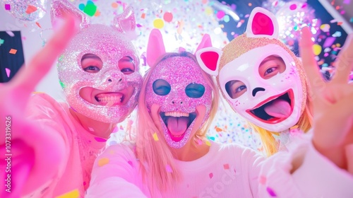 kaleidoscopic birthday bash, friends in whimsical animal-themed party masks striking exaggerated poses, confetti explosion frozen mid-air, neon lighting casting vibrant shadows, laughter lines