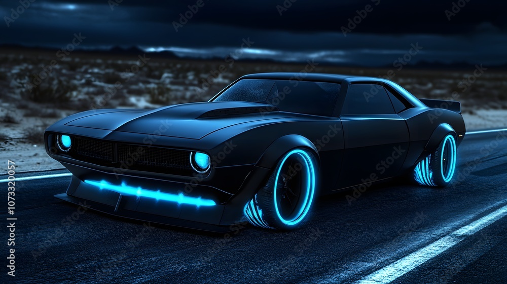 9. A muscle car in matte black with glowing neon underlights and aggressive front grilles, cruising down a deserted highway at night, surrounded by an empty desert landscape 9. A muscle car in matte black with glowing neon underlights and aggressive front grilles, cruising down a deserted highway at night, surrounded by an empty desert landscape