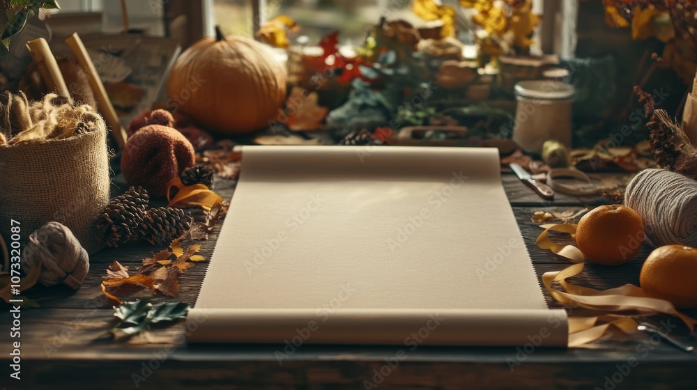 Fototapeta premium An empty scene featuring blank mockup template on a table of Thanksgiving crafting supplies like autumn-colored ribbons and burlap, 