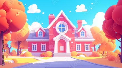 whimsical scarlet schoolhouse grinning with anticipation, cartoon windows winking playfully, exaggerated proportions defying gravity, street buzzing with animated excitement, education facade