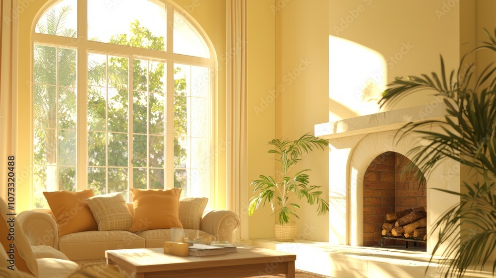 Obraz premium Exquisite Spanish-Inspired Living Room with Cozy Fireplace and Contemporary Decor | Captivating Fusion of Traditional and Modern Elements in Stylish Interior