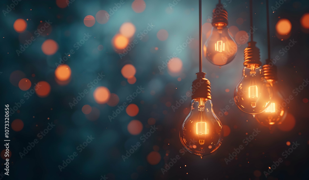 A blue background with hanging light bulbs, one of which is glowing brightly while the others stand out against it A blue background with hanging light bulbs, one of which is glowing brightly while the others stand out against it