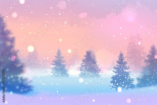 Falling snowflakes against blurred night winter forest with lights. Christmas festive background with snowfall. Winter landscape with snow covered fir trees in forest. Banner with copy space