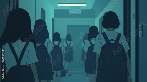 huddle of animated schoolgirls, heads bent in conspiratorial whispers laughter bubbles, backpacks slung casually hallway becomes impromptu stage, showcasing intricate dynamics of adolescent tribes