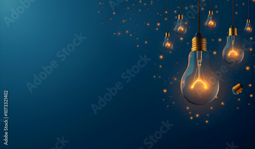 A blue background with light bulbs, one of which is glowing and the others hanging from it