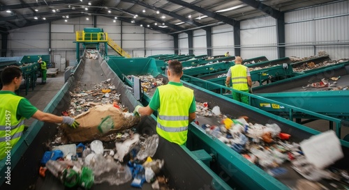 In a large waste processing facility, workers in bright vests diligently sort recyclable materials on conveyor belts. The environment is organized with various recyclable items, highlighting the impor photo