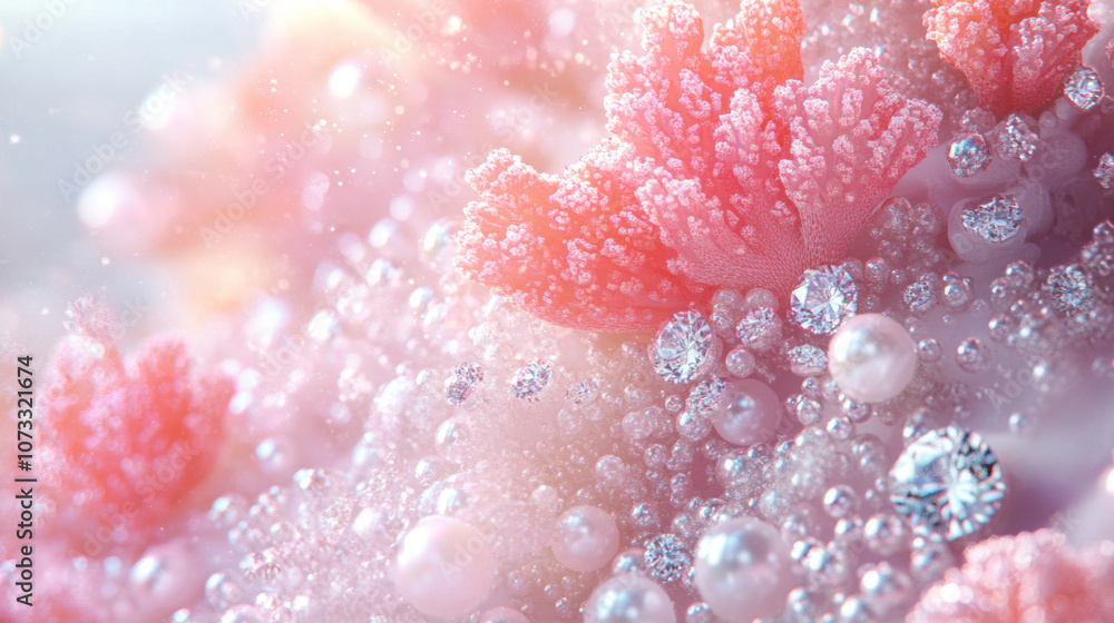3D pink coral clusters with diamonds and pearls scattered underwater glittering dreamy background. beautiful fashion luxury wallpaper 3D pink coral clusters with diamonds and pearls scattered underwater glittering dreamy background. beautiful fashion luxury wallpaper