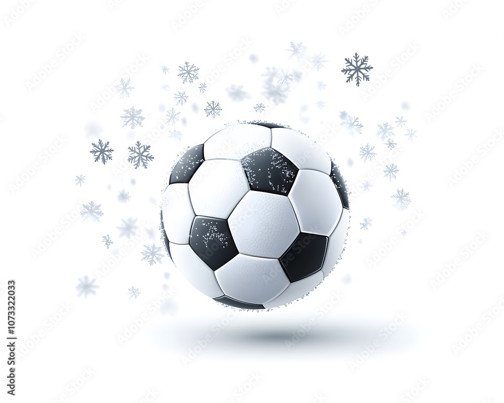 Fototapeta premium A classic black and white soccer ball floating against a white background, surrounded by falling snowflakes, capturing the essence of winter sports.