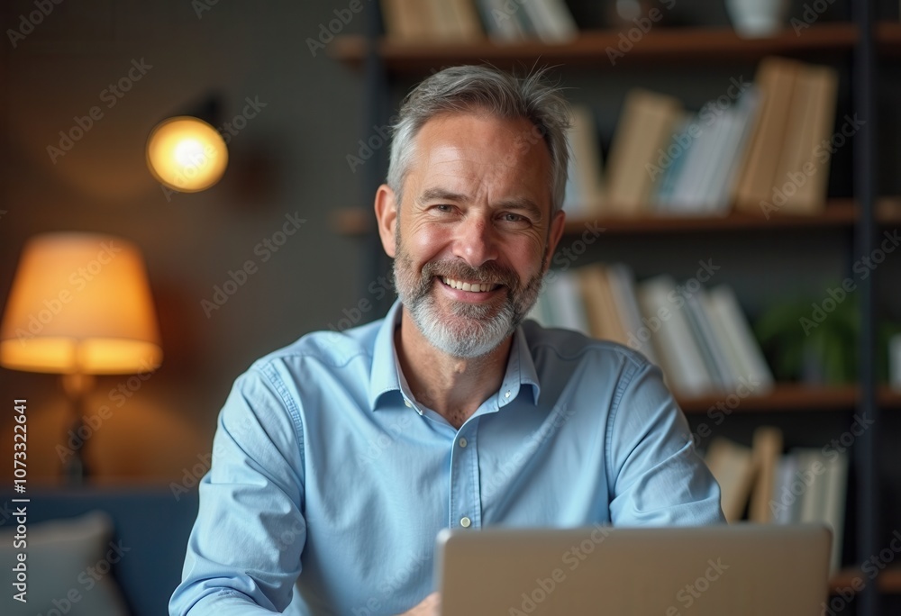 A man with a beard smiles warmly while working on his laptop in a library at dusk. A man with a beard smiles warmly while working on his laptop in a library at dusk.