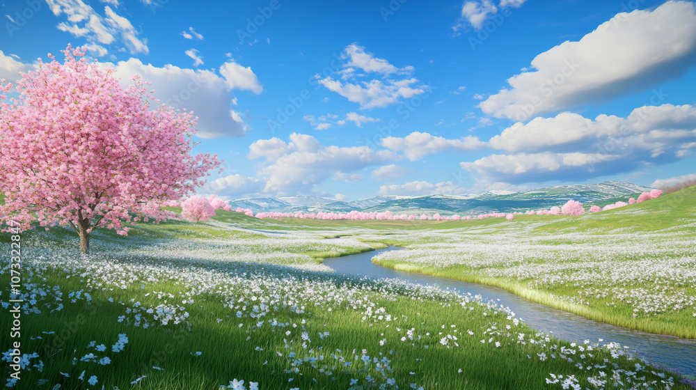 Fototapeta premium 3D pastoral green hills with grass and flowers pink cherry blossoms near river lake under blue sky with white clouds background. dreamy beautiful cartoon spring wallpaper