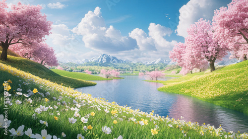 3D pastoral green hills with grass and flowers pink cherry blossoms near river lake under blue sky with white clouds background. dreamy beautiful cartoon spring wallpaper