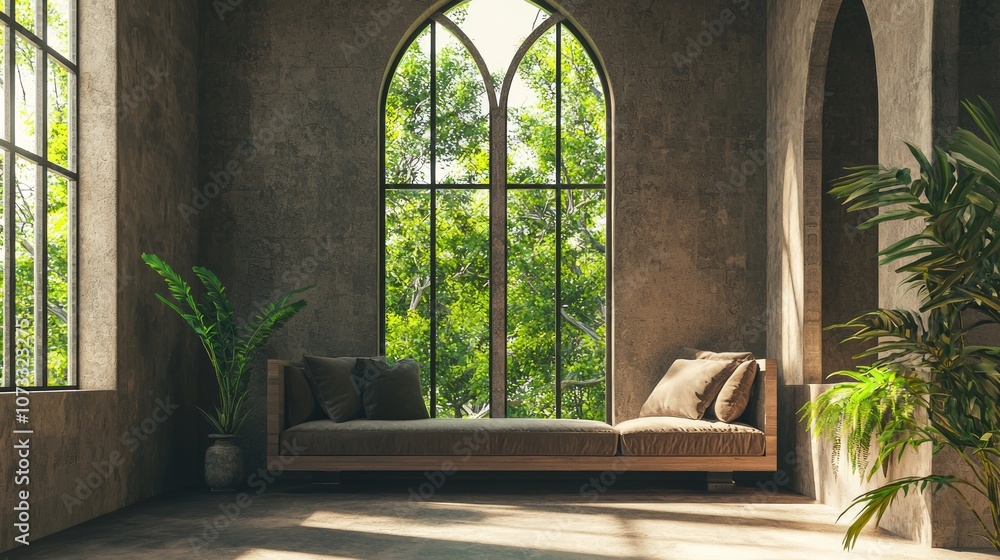 Inviting Cozy Reading Nook in Modern Spanish Home with Plush Seating and Large Windows Inviting Cozy Reading Nook in Modern Spanish Home with Plush Seating and Large Windows