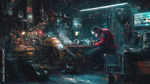 Cyberpunk Motorcycle Garage photo