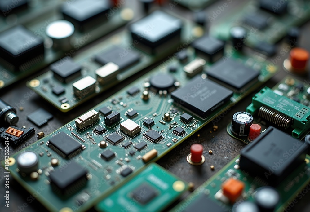 Close-up of multiple electronic circuit boards on a workbench, highlighting intricate details. Close-up of multiple electronic circuit boards on a workbench, highlighting intricate details.