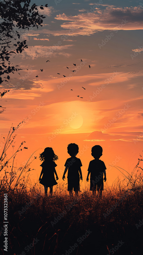 Fototapeta premium children day background kids silhouette happy and playing