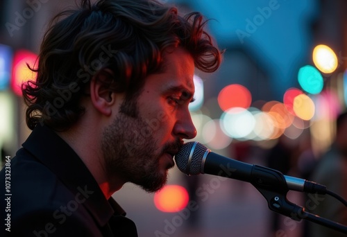 A talented man sings into a microphone as vibrant city lights illuminate the night. photo