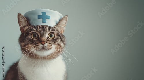 Cat Nurse: A charming tabby cat in a nurse's cap, ready to provide purrfect care.  A heartwarming image perfect for veterinary clinics, pet blogs, and animal lovers. Copy space. photo