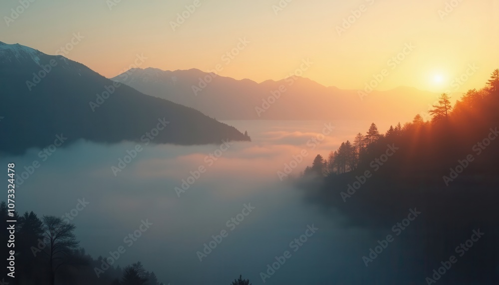 Fototapeta premium A stunning sunrise casts warm light over fog-covered mountains and trees in the morning.