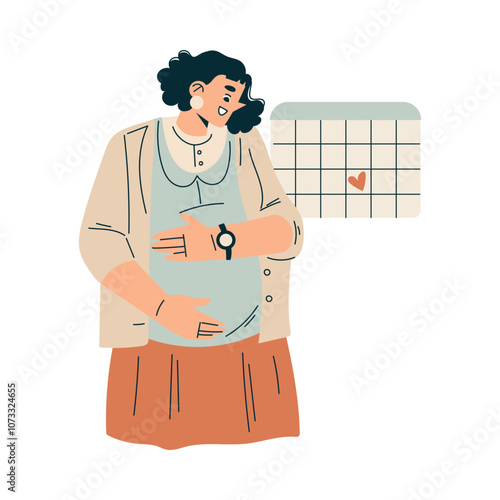Pregnancy Planning with Young Woman Touching Belly with Calendar Vector Illustration