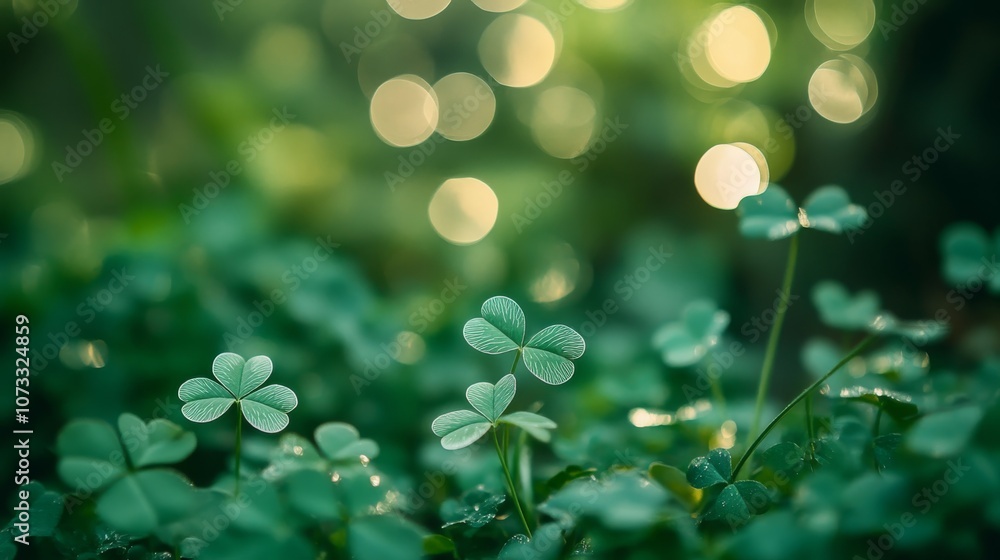 Nature-inspired background with four-leaf clovers and bokeh effect, perfect for St. Patrick's Day Nature-inspired background with four-leaf clovers and bokeh effect, perfect for St. Patrick's Day