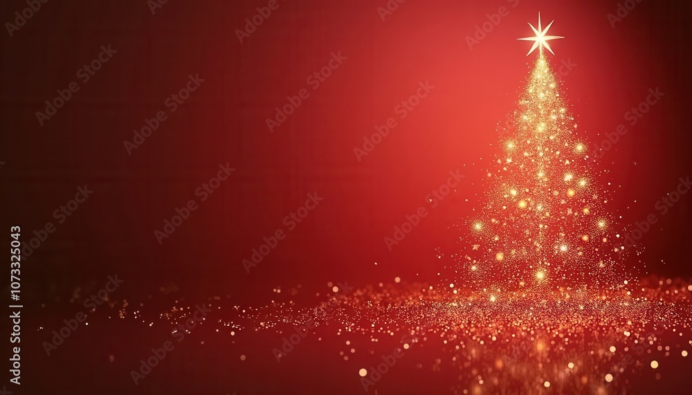 A beautifully lit Christmas tree shines brightly with sparkles on a red background. A beautifully lit Christmas tree shines brightly with sparkles on a red background.