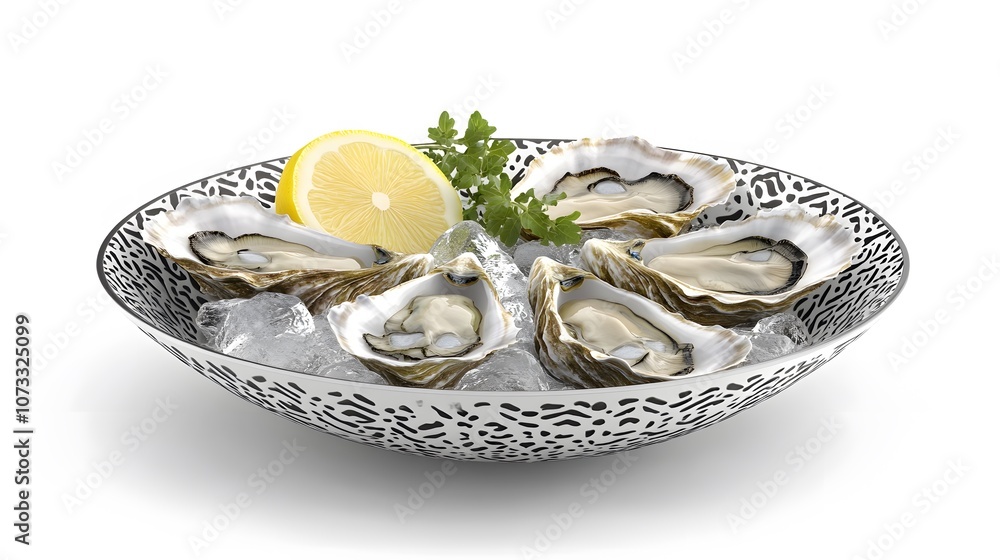 Freshly Shucked Oysters Served on a Bed of Ice with Lemon Slice and Green Garnish in Elegant Silver Bowl for Gourmet Dining Experience Freshly Shucked Oysters Served on a Bed of Ice with Lemon Slice and Green Garnish in Elegant Silver Bowl for Gourmet Dining Experience