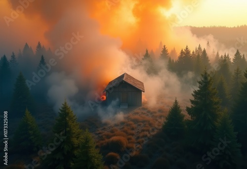 A cabin burns fiercely surrounded by smoke while trees stand tall against a colorful sunset.