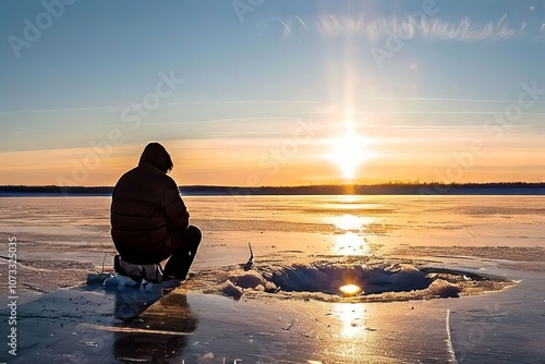 ice fishing a lone figure sitting patiently on a frozen lake fis photo