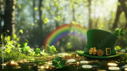 St. Patrick's Day background, 3D rendering with a green hat, clover leaves, rainbow, and forest scene with gold coins