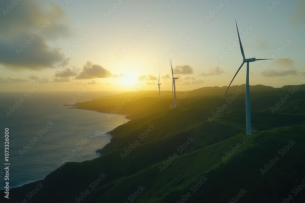 A clean energy concept with a wind farm large wind turbines spinning against a sunset backdrop, surrounded by lush green hills A clean energy concept with a wind farm large wind turbines spinning against a sunset backdrop, surrounded by lush green hills
