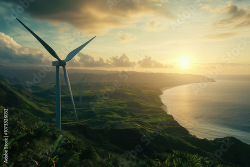 A clean energy concept with a wind farm large wind turbines spinning against a sunset backdrop, surrounded by lush green hills photo