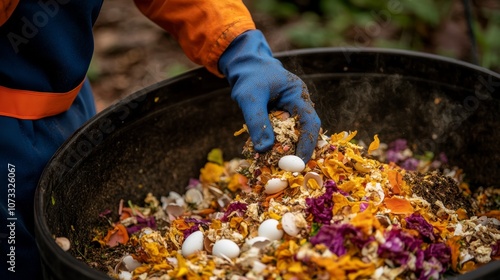 Close-up of female gardener in gloves, recording organic waste while filling garden bin with compost materials photo