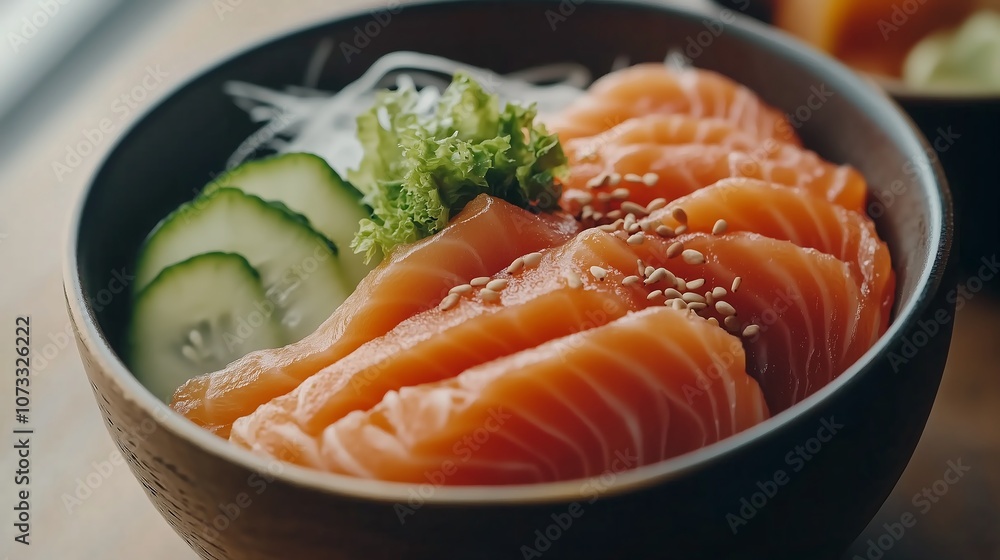 Japanese salmon sashimi fish seafood bowl sushi rice cucumber sesame seeds in a black bowl, food photography, Asian food Japanese salmon sashimi fish seafood bowl sushi rice cucumber sesame seeds in a black bowl, food photography, Asian food