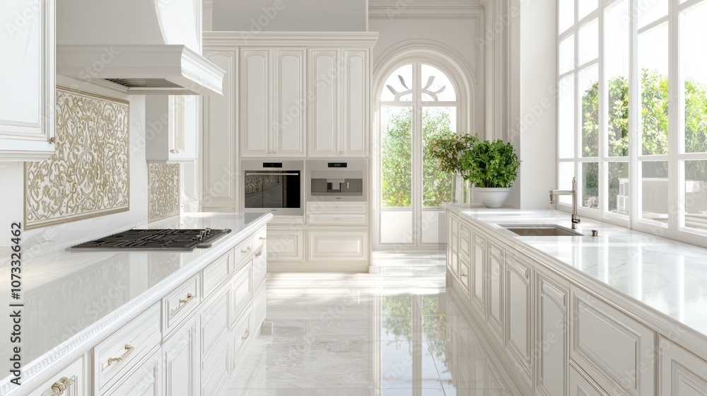 Fototapeta premium Modern Spanish Kitchen with Sleek Countertops and Decorative Tile Accents