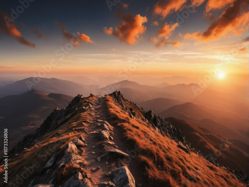 Morning Triumph: Enjoys the Sunrise and Refreshing Wind at the Mountain Peak photo