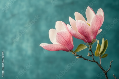 Two beautiful magnolia flowers flourish on a delicate branch, set against turquoise.