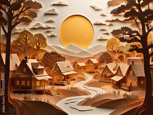 Detailed Paper Cut of Village Scene at Golden Hour photo