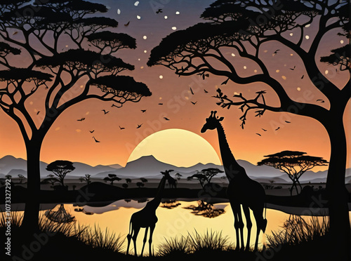 Serengeti Dreams: Intricate Paper Cut of a Giraffe in a Dreamy Evening Landscape photo